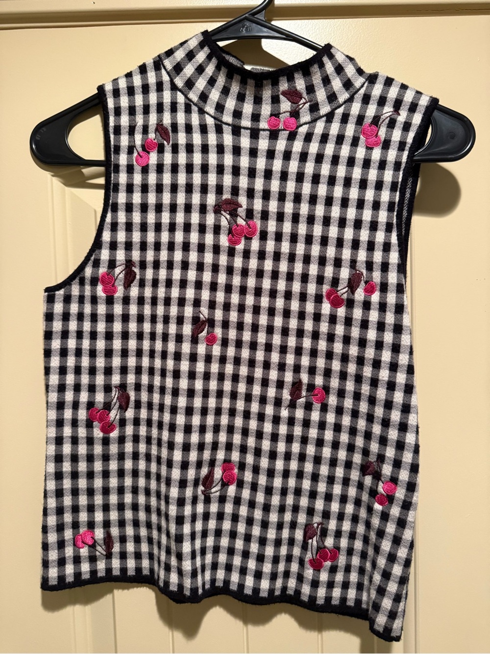 Maeve Black & White Gingham Sleeveless Tank with Pink Cherry Embroidery